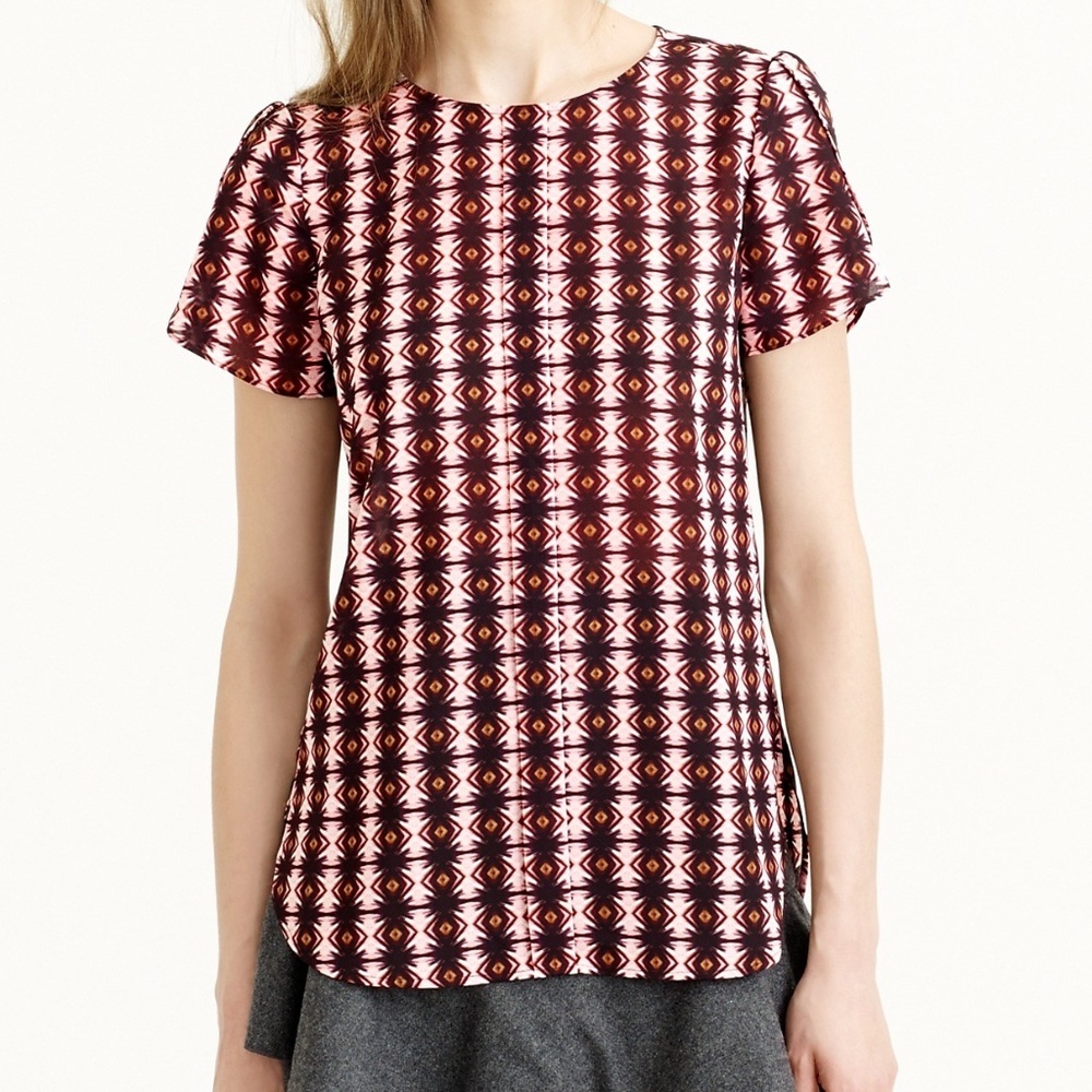 J. Crew women 2 petal sleeve top shadow diamond print front pleat back‎ keyhole